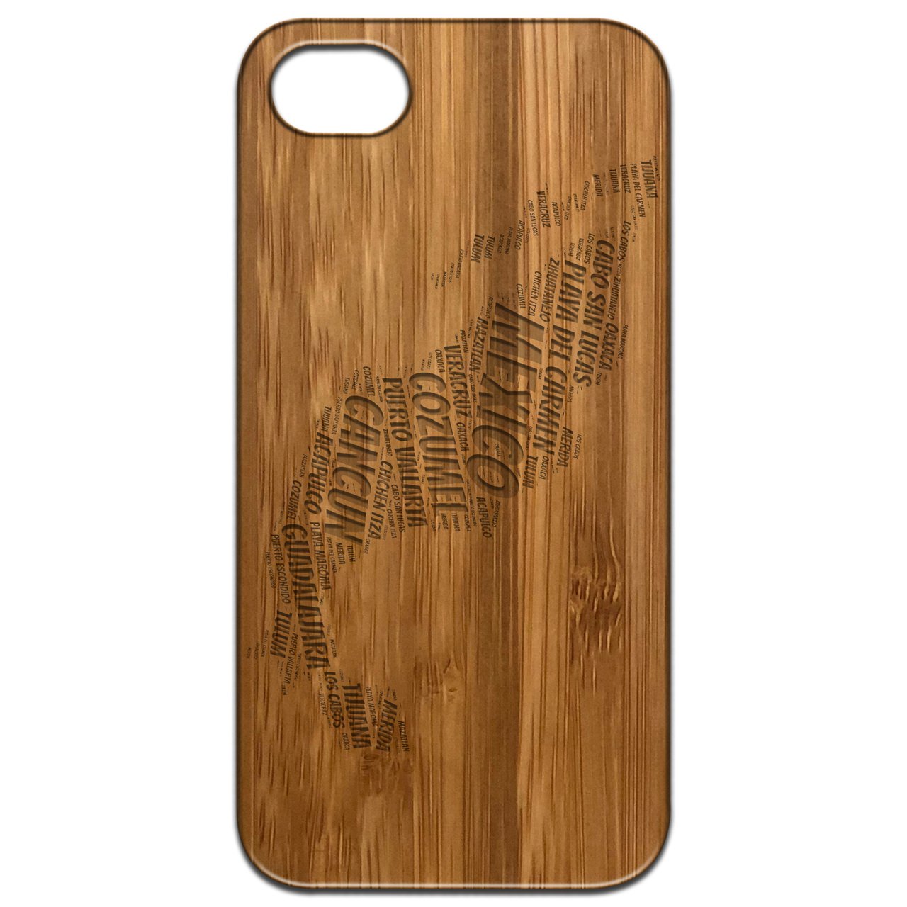 Mexico Word Cloud - Engraved wooden phone case showcasing intricate design and natural wood finish.